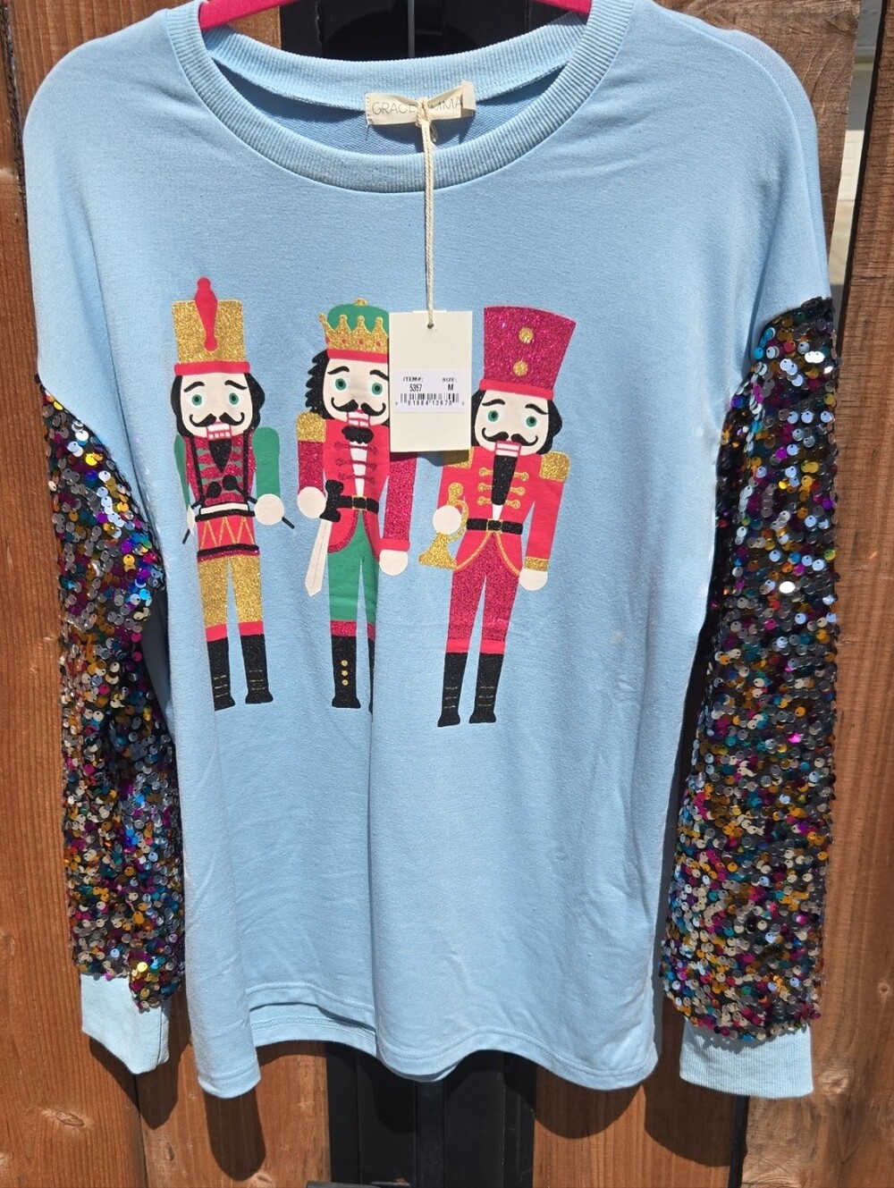 Grace + Emma Light Blue Nutcracker Sequin Sleeve Top - Sz M